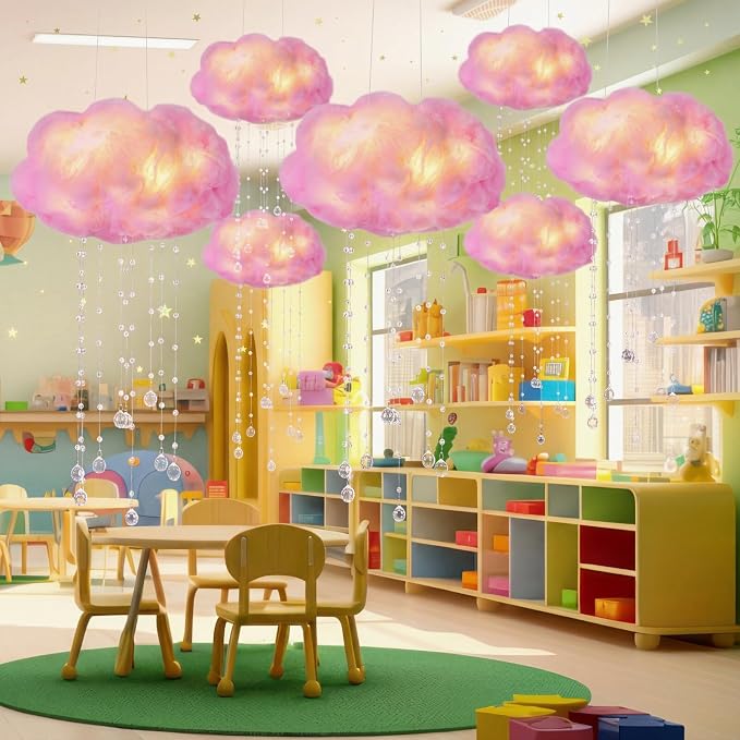 Marsui Artificial Cloud Props LED Hanging Pink Light String Fake Imitation 3D Cotton Cloud Classroom School Decor Raindrop for Room Ceiling Baby Shower Party Wedding Nursery Wall DIY Decor(2 Pcs)