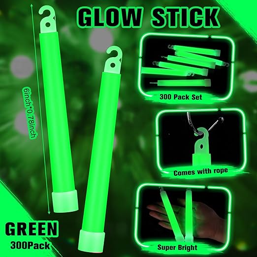 Sotiff 300 Pcs Bright 6 Inch Large Glow Sticks Bulk Emergency Glow in The Dark Sticks with 12 Hour Duration for Camping Hiking Outdoor Parties Activities Survival Storms (Green)