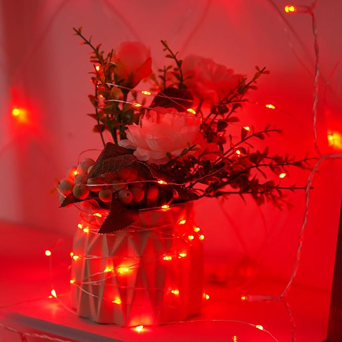 QITONG 4 Pack Red Fairy Lights Battery Operated, Each 16 ft 50 LED Mini String Lights, Sliver Wire Christmas Twinkle Lights Indoor