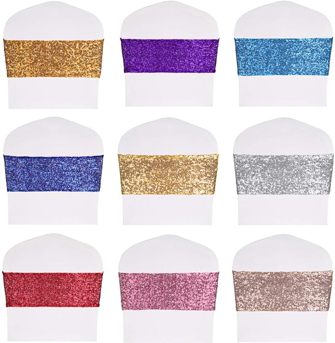 Pack of 200 Stretch Sequin Chair Sashes Chair Bands One-Sided Sequins Decor for Hotel Wedding Reception Party Event Chair Cover Decoration 4"x16" - Light Gold
