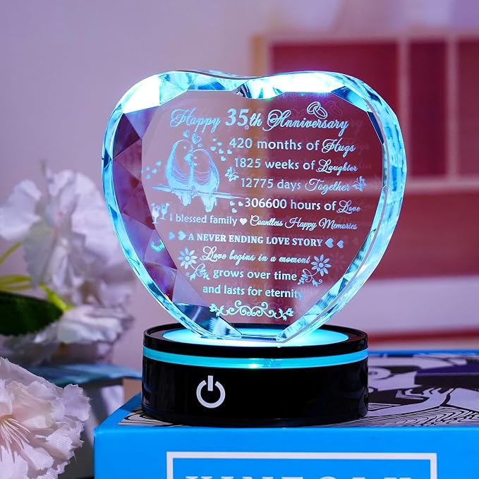 YWHL 35th Wedding Anniversary Crystal Heart Gifts for Parents Couples with LED Base Laser Engraved Happy 35th Anniversary Keepsake Plaque Gift for Husband Wife 35 Years of Marriage Gifts for Her Him