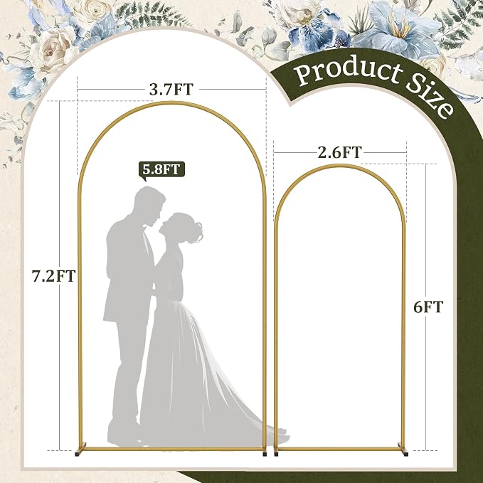 Metal Arch Backdrop Stand 2 Set (7.2FT/6FT), Gold Wedding Arch Frame, Balloon Arch Stand for Wedding, Baby Shower, Birthday, Ceremony, Party Decor