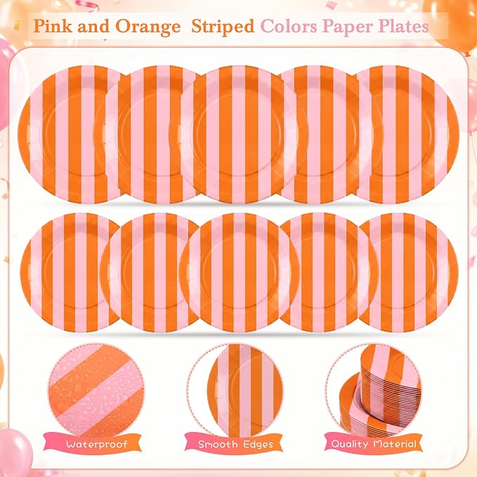 Mimorou 350 Pcs Orange and Pink Striped Paper Plates and Napkins for 50 Guests, Orange Disposable Tableware Plates Cup Napkins Spoon Fork Knife for Sunset Wedding Baby Shower Birthday Party Supplies