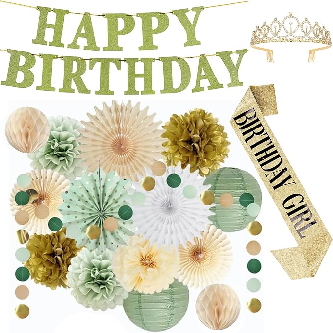 Sage Green Birthday Party Decorations Kit, Paper Fans, Pom Poms, Lanterns, Garland, Happy Birthday Banner, Crown & Birthday Girl Sash