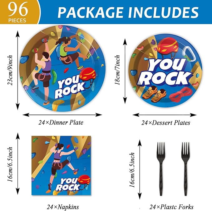 96 Pcs Rock Climbing Party Plates and Napkins Supplies Tableware Disposable Camping Party Dinner Dessert Plates for Rock Climbing Camping Adventure Table decorations, 24 Guests