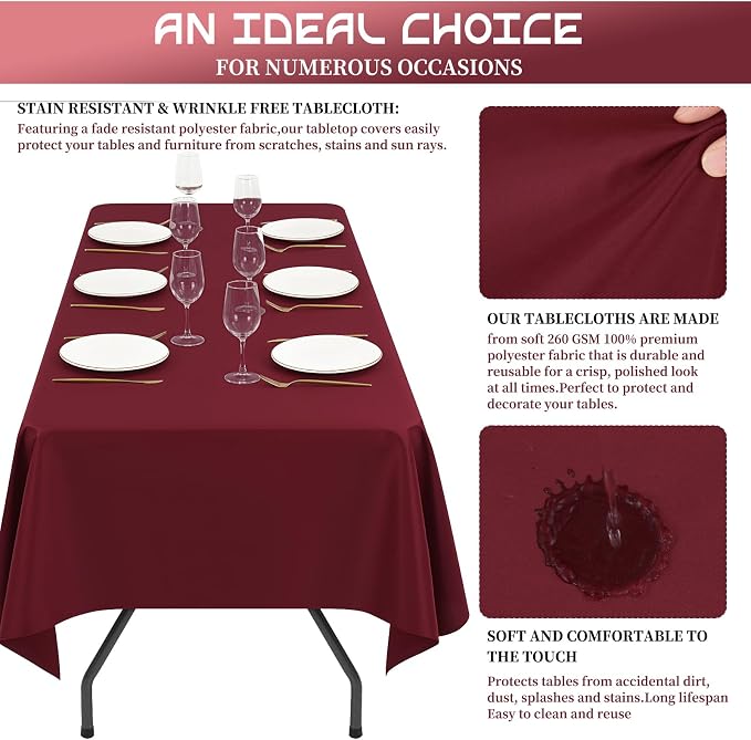 Showgeous 12 Pack Table Cloth Burgundy Tablecloth 60 x 102 Inch Table Clothes for 6 Foot Rectangle Tables, Wrinkle Resistant Washable Polyester Table Cover for Wedding Parties Banquet