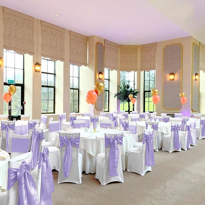 120 PCS Lavender Satin Chair Sashes Bows Purple Satin Chair Sashes Universal Chair Cover for Wedding Reception Restaurant Event Decoration Banquet,Party,Hotel Event Decorations (7 x 108 inch)