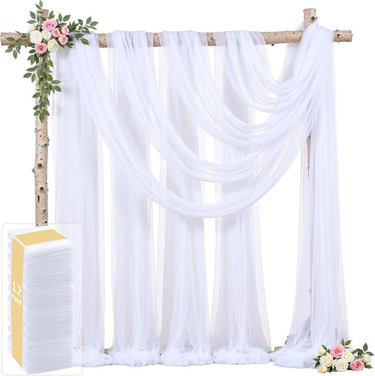 Tao-Ge 12 Panels White Wedding Arch Draping Fabric 30" x 19ft Wedding Drapes Tulle Drapes for Backdrop Sheer Fabric Backdrop Draping Decorations Back Drop Curtains for Reception Ceremony Party
