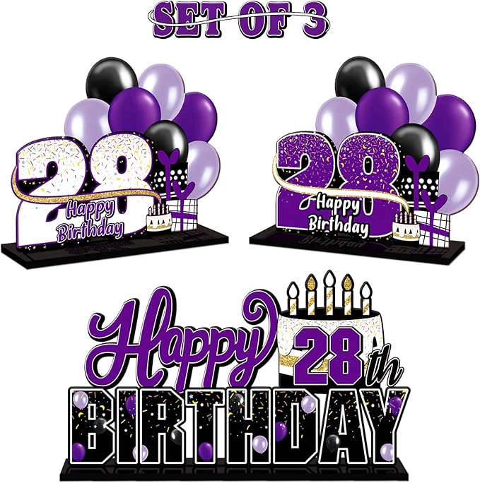 LINGTEER Happy 28th Birthday Purple Acrylic Table Topper Centerpieces Set - Cheers to 28 Years Old Birthday 28th Bday Party Gift Decorations.
