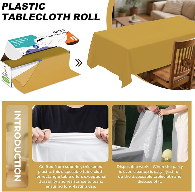 54IN X 160FT Plastic Table Cover Roll with Cutter Box, Cut to Size Plastic Table Cloths for Parties, Birthday, Disposable Tablecloth Roll for All Shape Tables (Gold, 54 Inch X 160 Feet)