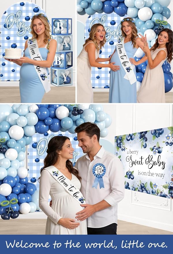 Blueberry Baby Shower Decorations, Worry-Free One-Stop Set Serves 25 Guests, with Blueberry Balloons Arch Kit, Backdrop, and Cake Toppers, Easy Setup for Berry Sweet Baby Shower Decorations