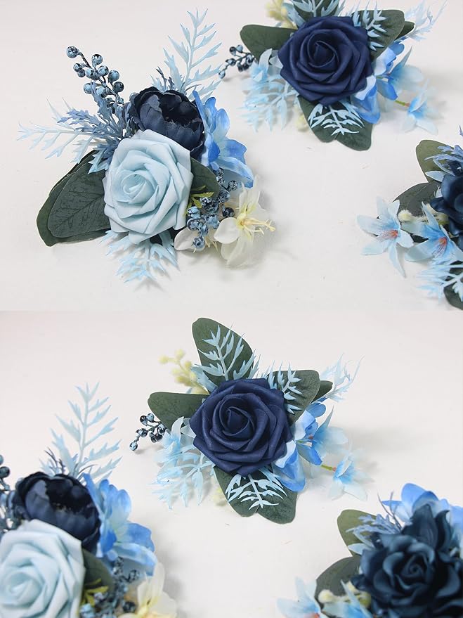 Rinlong 3Pcs Pre-made Cake Flowers Navy Blue Cake Decorations Wedding Cake Decorating Flowers Decor Birthday Baptism Party Artificial Flowers Cake Toppers