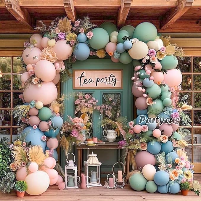 Pink Blue Green Balloon Arch Double Stuffed Dusty Green Pastel Blue Blush Mauve Latex Balloon Garland Kit for Boho Baby Shower Gender Reveal Floral Birthday Tea Party Decoration