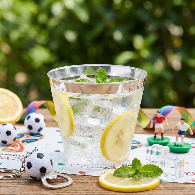 I00000 200pcs Silver Disposable Plastic Cups 9 oz Clear Plastic Cups Old Fashioned Tumblers Silver Rim Cup Disposable Party Cup Elegant Silver Wine Glasses Cocktail Cup