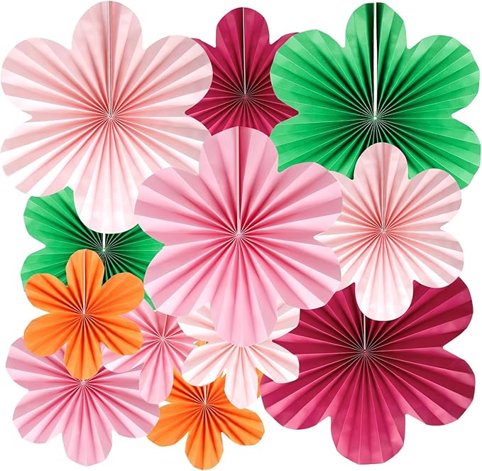 BestoFun 12 PCS Paper Flowers Fans Red Green and Pink Party Decorations Paper Flowers Decorations for Wall Girl Groovy Birthday Baby Shower Wedding Bachelorette Room Hanging Décor
