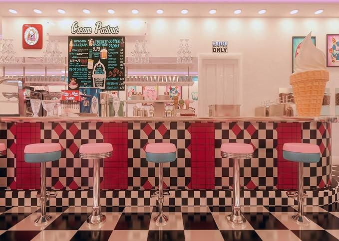 BELECO 8x6ft Fabric Vintage 50s Diner Backdrop for Photography, 1950s American Fast Food Soda Shop Restaurant Ice Cream Bar Stools Background, 50s Diner Party Decor Photo Booth Studio Props