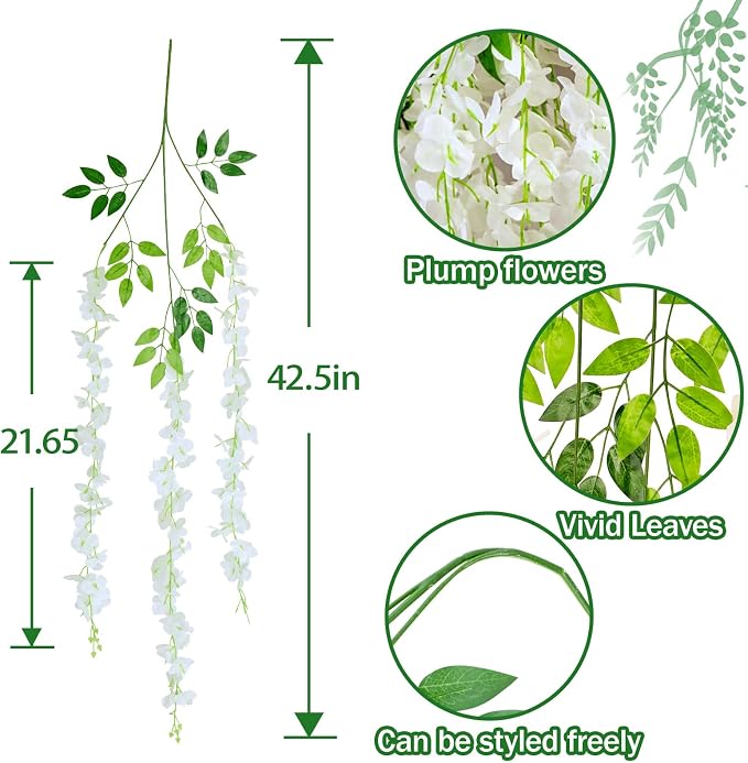 100 Pack White Wisteria Hanging Flowers,Fake Hanging Wisteria Flowers Garland for Decoration (3.6 Ft/Pcs)
