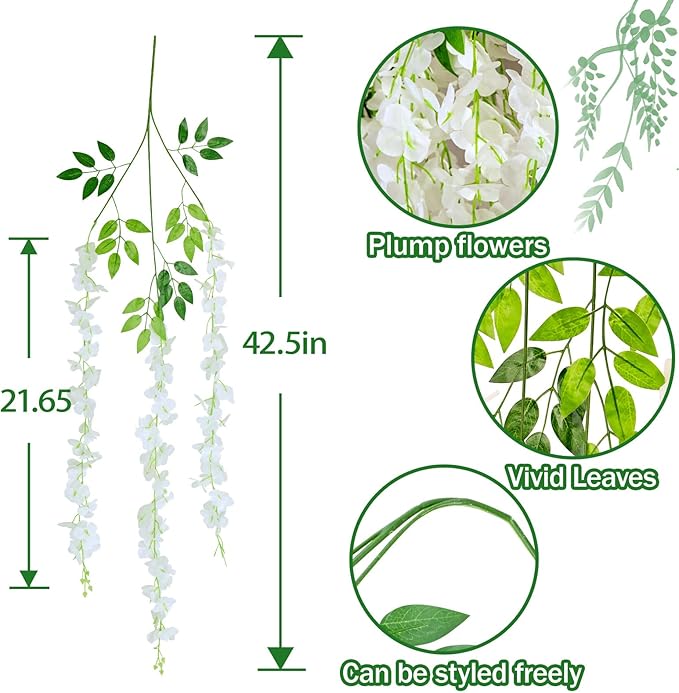 25Pcs Wisteria Hanging Flowers,3.6 Feet/Piece White Hanging Flowers Fake Wisteria Flowers Silk Artificial Garland for Decoration Wedding Party Arch Ceremony Garden Home Backdrop Decor