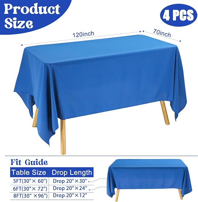 4 Pack Rectangle Tablecloth for 6 Foot Tables Washable Polyester Table Cover for Wedding Dining Table Parties Banquet（70x120 Royal Blue）