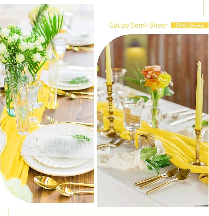 Showgeous 6 Pack Yellow Cheesecloth Table Runner, 10FT Long Semi-Sheer Boho or Rustic Gauze Table Runner Wedding Table Decor for Wedding Arch Draping Bridal Shower Holiday Party