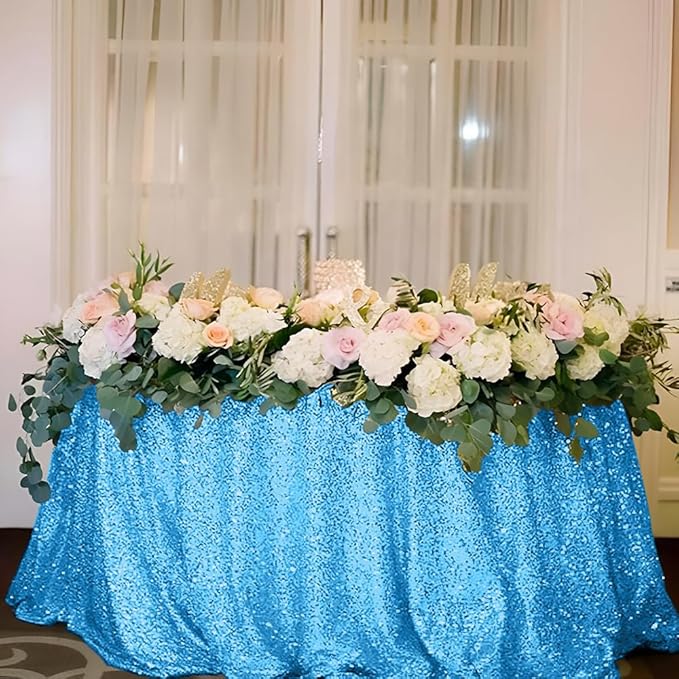 Sequin Tablecloth for Parties 132 Inch - Sparkle Glitter Cloth Round Table Cover Overlay for Wedding Baby Shower Ceremony Birthday Cake Table Holiday Banquet Decoration(Baby Blue)
