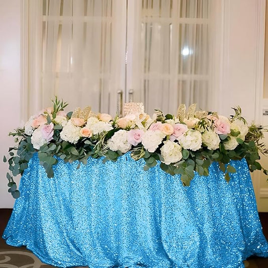 Sequin Tablecloth for Parties 132 Inch - Sparkle Glitter Cloth Round Table Cover Overlay for Wedding Baby Shower Ceremony Birthday Cake Table Holiday Banquet Decoration(Baby Blue)