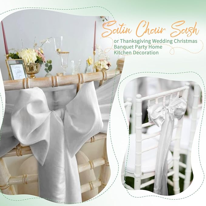 120 PCS Silver Satin Chair Sashes, Ties Bows Designed Chairs Decorative, Chair Cover Sashes for Thanksgiving Wedding Christmas Banquet Party Home Kitchen Decoration (7 x 108 inch)