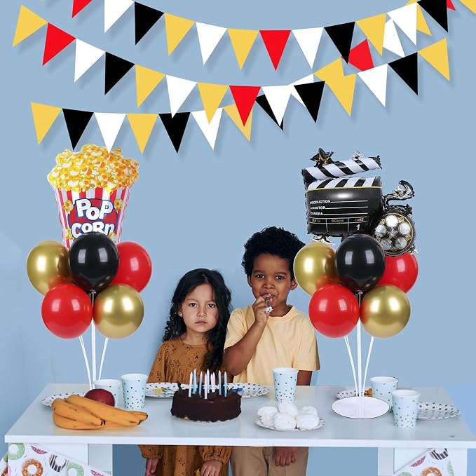 Movie Night Party Balloons Stand Kit 2 Sets with 2 Popcorn Clapboard Foil Balloons Black Red Gold Party Balloon Centerpiece for Tables for Birthday Camera Film Movie Party Decoration