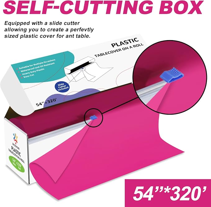 54IN X 320FT Plastic Table Cover Roll with Cutter Box, Cut to Size Plastic Table Cloths for Parties, Birthday, Disposable Tablecloth Roll for All Shape Tables (Fuchsia, 54 Inch X 320 Feet)