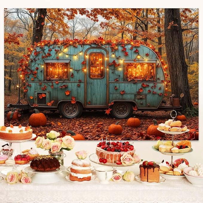 5 x 3 ft Fall Forest Backdrop Autumn Pumpkin Maple Leaves RV Farm Banner Decorations Harvest Thanksgiving Day Themed Party Kids Adults Portrait Photo Shoot Prop