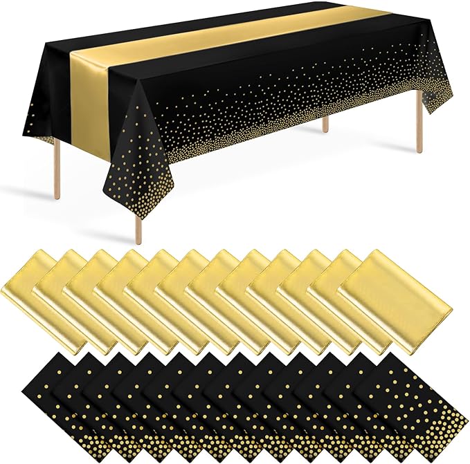 24 Pack Black and Gold Tablecloth and Table Runner Set Party Decorations, Black and Gold Plastic Disposable Tablecloth and Satin Table Runner for Wedding Birthday Bridal Graduation Anniversary Party