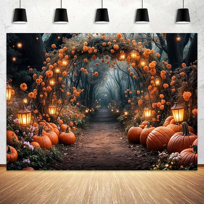 12 x 10 ft Fall Photography Backdrop Autumn Forest Maple Leaves Pumpkins Thanksgiving Party Supplies Nature Scenery Path Landscape Outdoor Party Decor Photo Booth Studio Props
