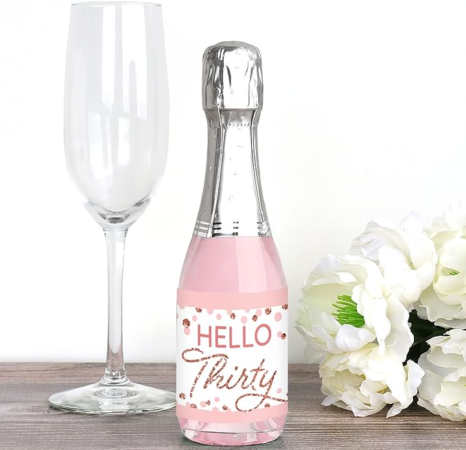 Big Dot of Happiness 30th Pink Rose Gold Birthday - Mini Wine and Champagne Bottle Label Stickers - Happy Birthday Party Favor Gift for Women and Men - Set of 16