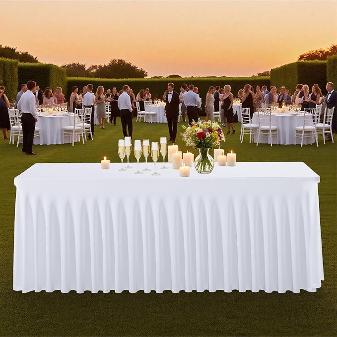 WJWHQ 5 Pack White Spandex Tablecloths, Stretch Fitted 6ft Table Cover (120 Inch) with Skirt, Wrinkle Free for Weddings, Parties, Banquets, Dining Fits 6 Foot Rectangle Tables