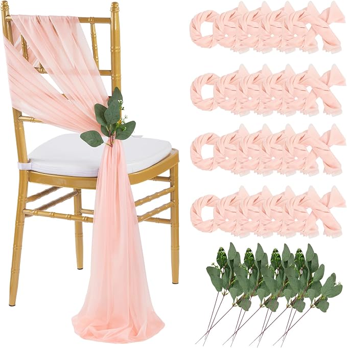 QueenDream Blush Chair Sashes Wedding Aisle Decorations: 24 Packs 8ft Long Draping Fabric Sheer Church Chair Cover Bulk for Party Banquet