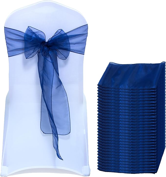 MDS® Pack of 50 Organza Chair Sashes for Wedding Decoration, Reusable Sheer Chair Bows for Banquet Chair Cover, Reception, Bridal Shower, Baby Shower, Birthday Party & Special Events - Navy Blue