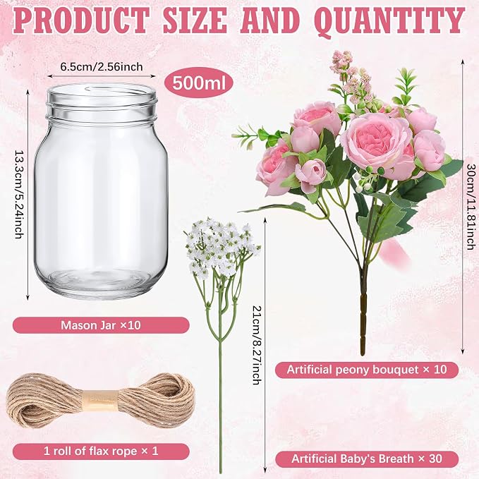 XunYee 10 Set Mason Jar Table Centerpiece with Flower Mason Jar Flower Centerpiece Vases Decor for Engagement Party Bridal Shower Wedding Reception Table Decor(Dark Pink,Peony, Gypsophila)