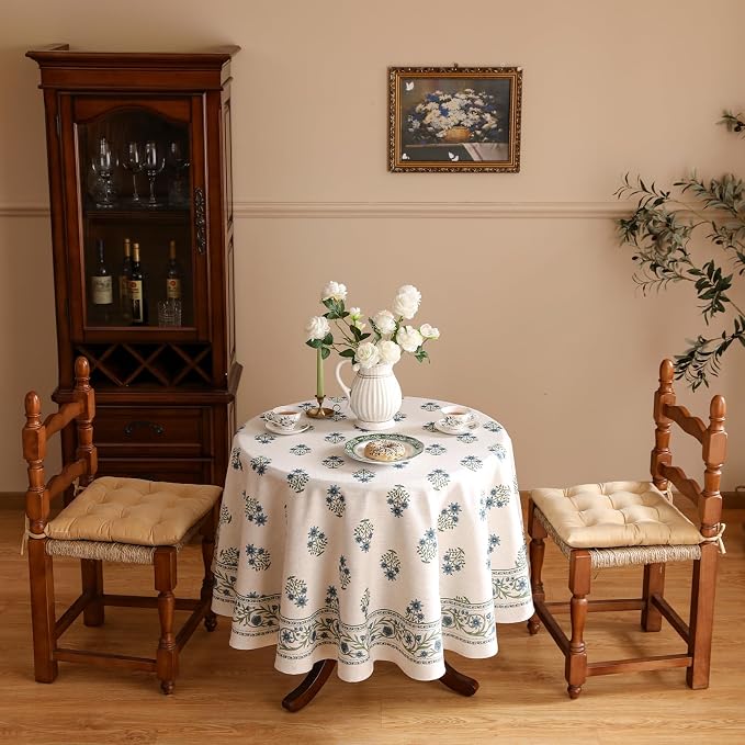 ISAENNE Designer French Linen Round Tablecloth,Diameter 55"-Mosella F | Vintage Elegant Table Cloth for Round Table,Floral Pattern,Durable,Heavyweight,Dining Room,Kitchen,Thanksgiving,Decor