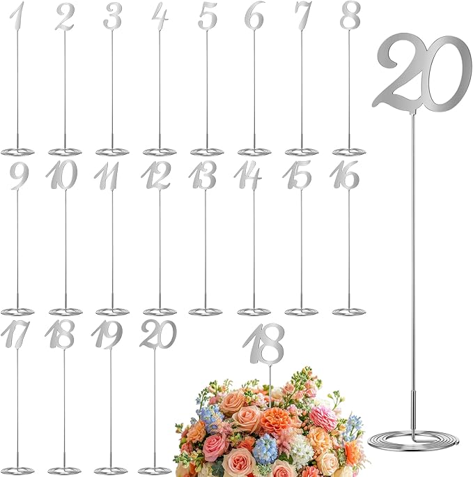 Novabright 20 Pcs Metal Table Numbers 1-20 Numbers for Wedding Reception, 10 Inch Stainless Steel Table Number Signs with Sturdy Holder Base for Banquet, Party, Restaurant & Event Decor(Silver)
