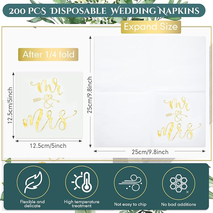 200 Pcs Wedding Napkins Mr and Mrs Napkins for Wedding Reception 3 Ply Gold Foil Disposable Cocktail Beverage Dessert Napkins for Bridal Shower Engagement Party Cake Table Decor(Arrow & Heart)