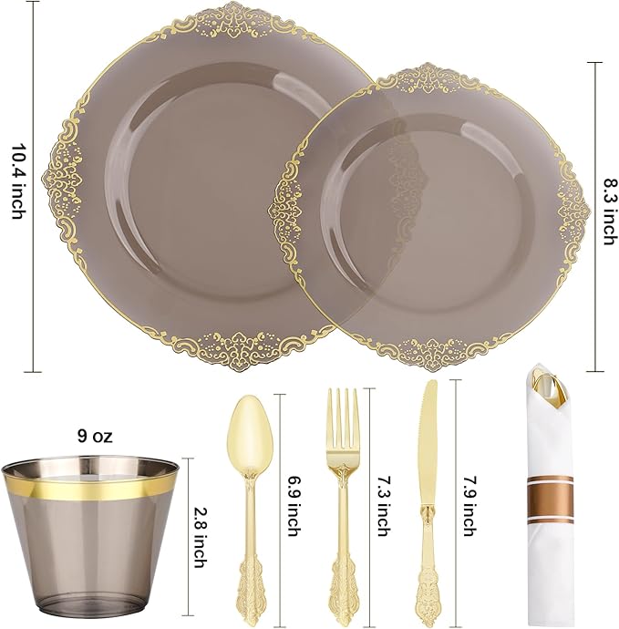 Bestluck 350 PCS Black and Gold Plastic Plates, Disposable Dinnerware Set for 50 Guests, 100 Disposable Plates, 150 Silverwares, 50 Cups, 50 Napkins for Wedding, Party, Graduation