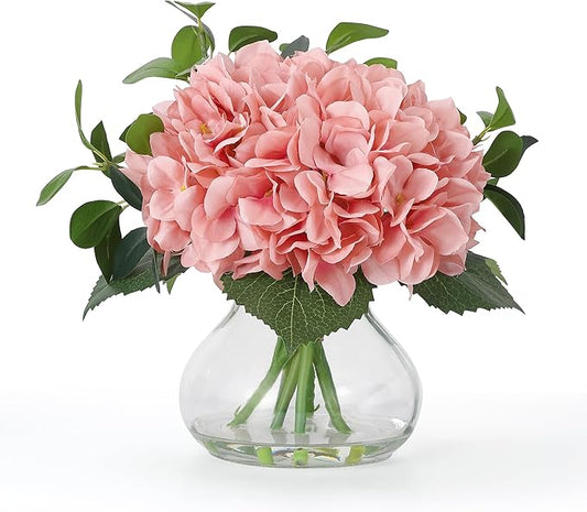 Hydrangea Artificial Flowers in Vase, Silk Faux Hydrangea Fake Flower Arrangements with Glass Vase and Faux Water for Home Decor Wedding Bouquets Table Centerpieces, Light Coffee, Set of 7