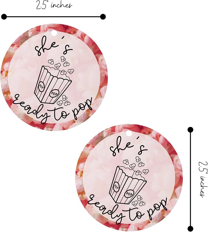 She’s Ready to Pop Popcorn Bags Tags for Baby Shower | 30pk 2.5” Circle Tag Label About to Pop It When She Pops Favors Blue Pink Champagne