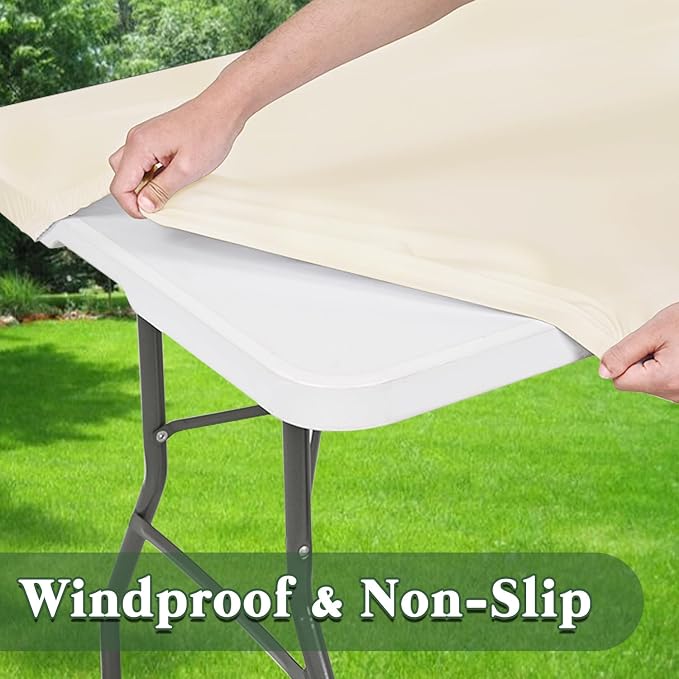 8 Foot Table Cover Fitted 10 Pack Picnic Elastic Tablecloth for Rectangle Tables Waterproof Stretch Washable Folding Indoor Outdoor Spandex Table Cloth for Parties Banquet Camping (Beige,30" x 96")