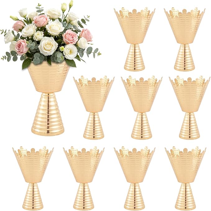 10 Pcs Gold Vases for Centerpieces, 9in Tall Metal Planter Vase for Artificial Flowers – Elegant Pedestal Vase for Wedding Table Decor, Home, Party & Anniversary