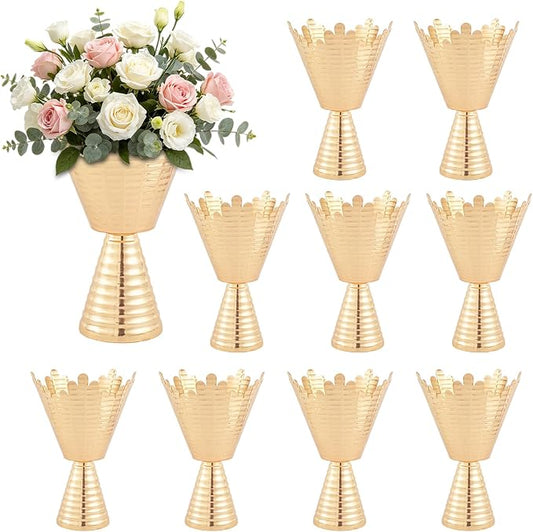 10 Pcs Gold Vases for Centerpieces, 9in Tall Metal Planter Vase for Artificial Flowers – Elegant Pedestal Vase for Wedding Table Decor, Home, Party & Anniversary