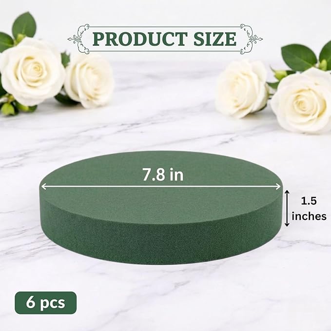 FLOFARE Pack of 6 Floral Foam Round Blocks for Flower Arrangements, Green Florist Flower Foam for Fresh & Artificial Flowers, 7.8" Wedding & Party Décor