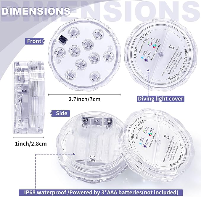 Mudder 12 Pack Submersible LED Lights with Remote 2.8" Hot Tub Lights Waterproof Pool Underwater LED Light Battery Operated Bathtub Lamp 16 Color Changing Lamp for Pool Pond Vase Aquarium Decoration