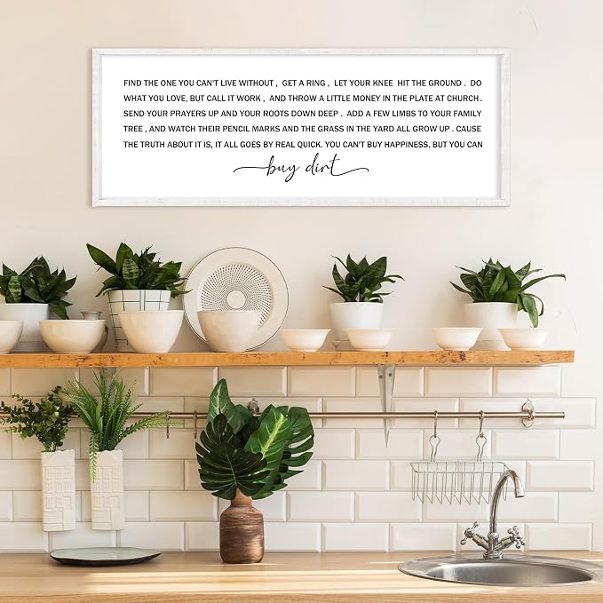 Buy Dirt Sign Wall Decor Song Lyrics Wall Art You Cant Buy Happiness Signs | 40x15 Inch Farmhouse Rustic White Wood Framed, Large Ideal for Living Room Kitchen Bedroom Entryway Hallway, Ready to Hang