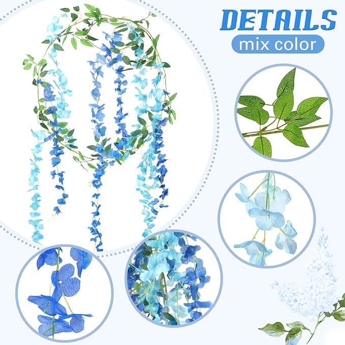 Thiccywoov 12pcs Wisteria Artificial Flowers Garland, 7.2Ft/Piece Wisteria Hanging Flowers Garland for Wedding Arch Decoration Outdoor Ceremony Home Backdrop Garden (Light Blue,Dark Blue)